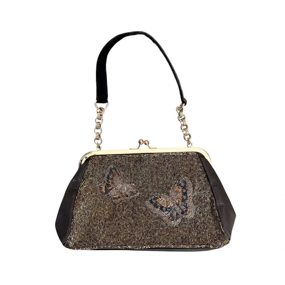 Vintage Liz Claiborne Handbag Beaded Butterfly Kiss Lock Evening Bag Brown OS